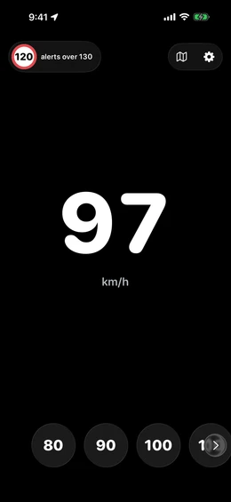 Raad's main screen showing 97 km/h in large white digits, a 120 road-sign chip noting alerts over 130, and quick limit buttons along the bottom