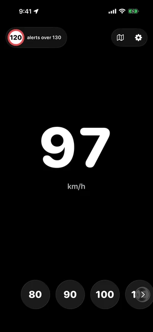 Raad's main screen showing 97 km/h in large white digits, a 120 road-sign chip noting alerts over 130, and quick limit buttons along the bottom