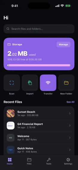 Doc Vault home screen with a search field, a storage card showing space used, quick actions for Scan, Import, Transfer, and New Folder, and recent files each showing a preview