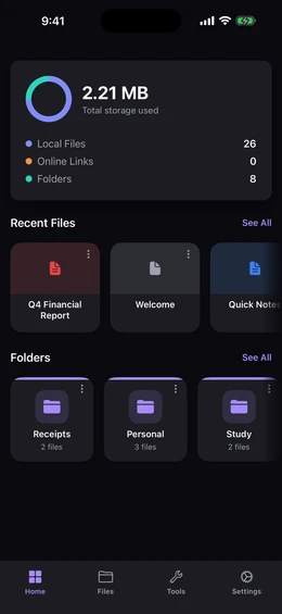 Doc Vault home screen showing a storage usage donut chart, recent files, and folder shortcuts