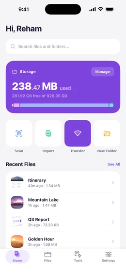 Doc Vault home screen with a greeting, a search field, a storage card, quick actions for Scan, Import, Transfer and New Folder, and recent files with previews