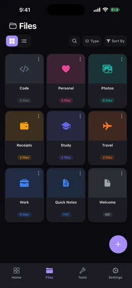 Files screen showing nine color-coded folders in a grid with custom icons and file counts