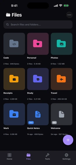 Files screen showing a grid of color-coded folders with custom icons, file counts and sizes, alongside file tiles marked with their extension