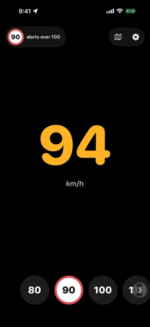The amber grace state: 94 km/h shown in amber, over the 90 sign but under the camera threshold of 100