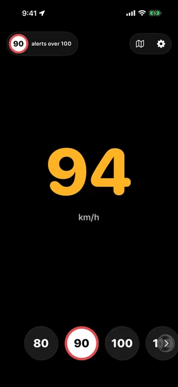 The amber grace state: 94 km/h shown in amber, over the 90 sign but under the camera threshold of 100