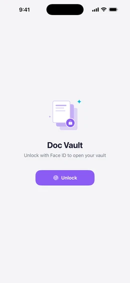 Doc Vault lock screen with the vault illustration and an Unlock button