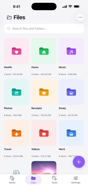 Files screen with a grid of color-coded folders with custom icons, each showing its item count and size