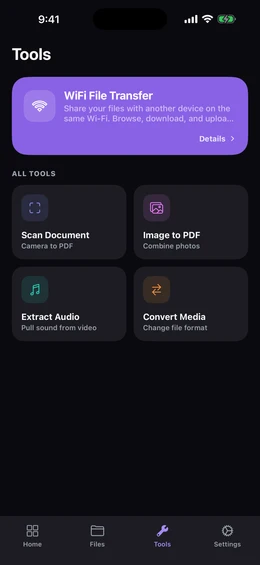 Tools screen with Wi-Fi File Transfer as a featured card above a grid of Scan Document, Image to PDF, Extract Audio, and Convert Media
