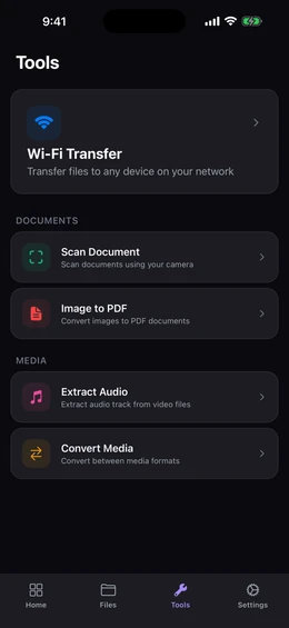 Tools screen listing document scanner, Wi-Fi transfer, image to PDF, extract audio, and media converter