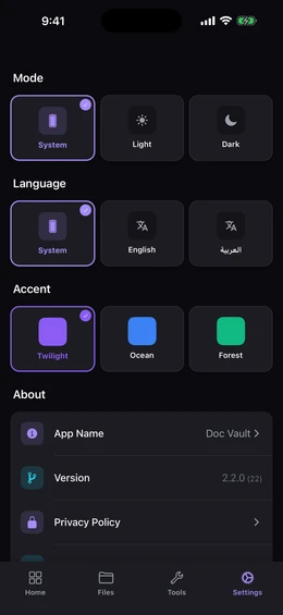 Settings screen showing theme selection with Twilight, Ocean, and Forest color swatches and appearance toggle