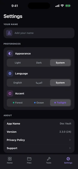 Settings screen with a name field and a Preferences card holding segmented controls for Appearance, Language, and the Forest, Ocean, and Twilight accent colors