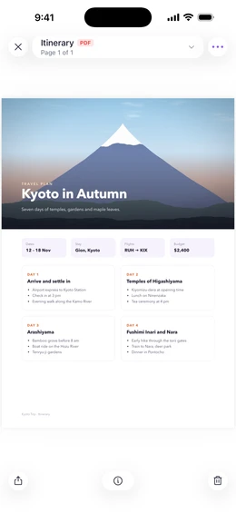The built-in viewer showing a travel itinerary PDF with a mountain photo, day-by-day plan and trip facts