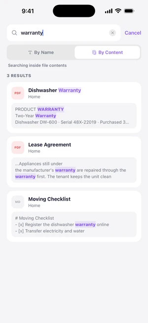 Search by content for "warranty", with three results and every match highlighted inside the text