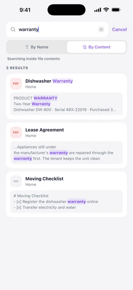 Search by content for "warranty", with three results and every match highlighted inside the text