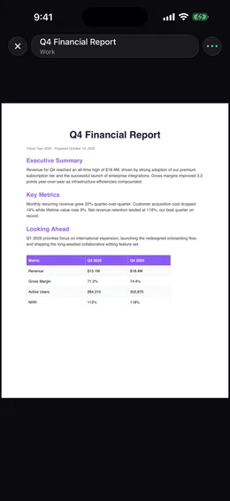 Built-in PDF reader showing a financial report full screen, with a floating close button, title pill, and menu over the page