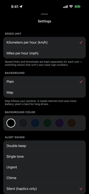 Settings screen with speed unit, plain or map background, background colors, and a list of alert sounds including a silent haptics-only option