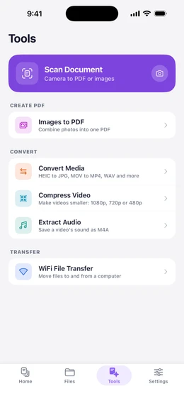 Tools screen with Scan Document, Images to PDF, Convert Media, Compress Video, Extract Audio and Wi-Fi File Transfer