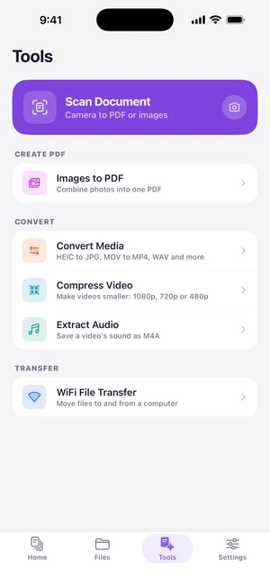 Tools screen with Scan Document, Images to PDF, Convert Media, Compress Video, Extract Audio and Wi-Fi File Transfer