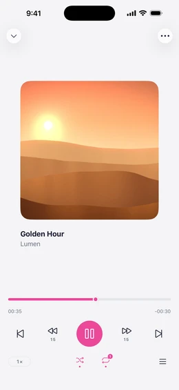 The music player with album art, playback progress, controls, shuffle and repeat