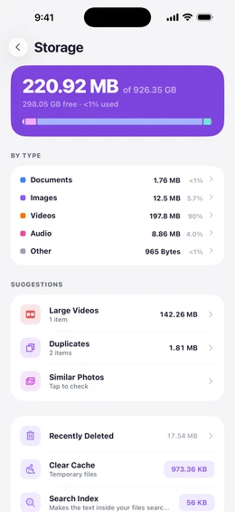 Storage screen with space used, a breakdown by type, and suggestions for large videos, duplicates and similar photos