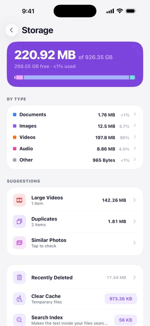 Storage screen with space used, a breakdown by type, and suggestions for large videos, duplicates and similar photos